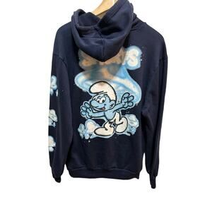 SMURF hoodie sweatshirt pullover navy and light blue mushroom pullover sz med